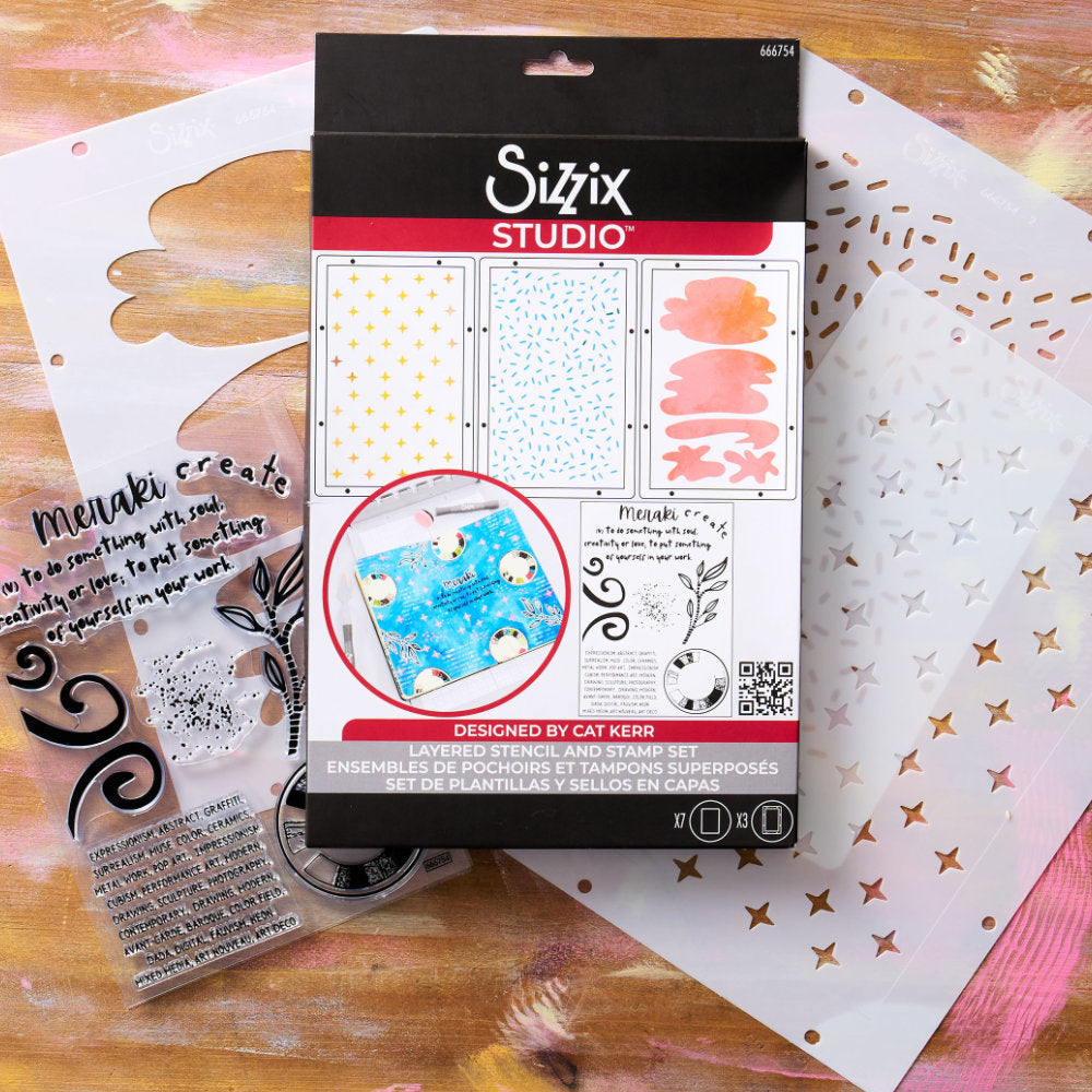 Create - Stencils and Stamps ... Sizzix Studio Mixed Media Kit ... by Cat Kerr and Sizzix. Layering art stencils and clear acrylic stamps to use for mixed media, papercrafts, art journaling, visual arts of all kinds. 7 stamp designs and 3 stencil sheets with coordinating patterns. Designs feature swirls, spatters, leafy branch, circle with shapes within, a block of text (uppercase, fine text) with many ways to describe "art", and Meraki definition. Photo of the packaging.