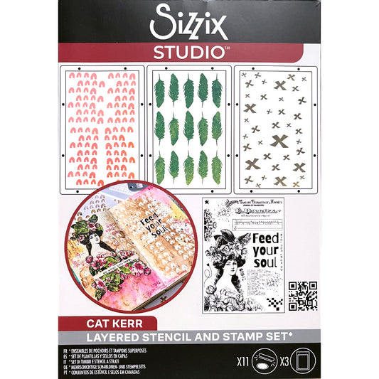 Feed Your Soul - Stencils and Stamps ... Sizzix Studio Mixed Media Kit ... by Cat Kerr and Sizzix. Layering art stencils and clear acrylic stamps to use for mixed media, papercrafts, art journaling, visual arts of all kinds. The set includes 11 (eleven) stamp designs and 3 (three) stencil sheets with coordinating patterns.