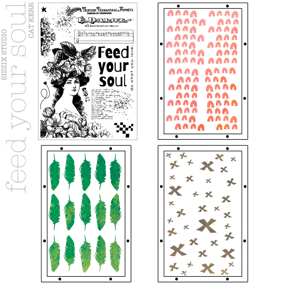 overview of stamps and stencils in : Feed Your Soul - Stencils and Stamps ... Sizzix Studio Mixed Media Kit ... by Cat Kerr and Sizzix. Layering art stencils and clear acrylic stamps to use for mixed media, papercrafts, art journaling, visual arts of all kinds. The set includes 11 (eleven) stamp designs and 3 (three) stencil sheets with coordinating patterns.