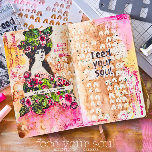 example by Cat Kerr using : Feed Your Soul - Stencils and Stamps ... Sizzix Studio Mixed Media Kit ... by Cat Kerr and Sizzix. Layering art stencils and clear acrylic stamps to use for mixed media, papercrafts, art journaling, visual arts of all kinds. The set includes 11 (eleven) stamp designs and 3 (three) stencil sheets with coordinating patterns.