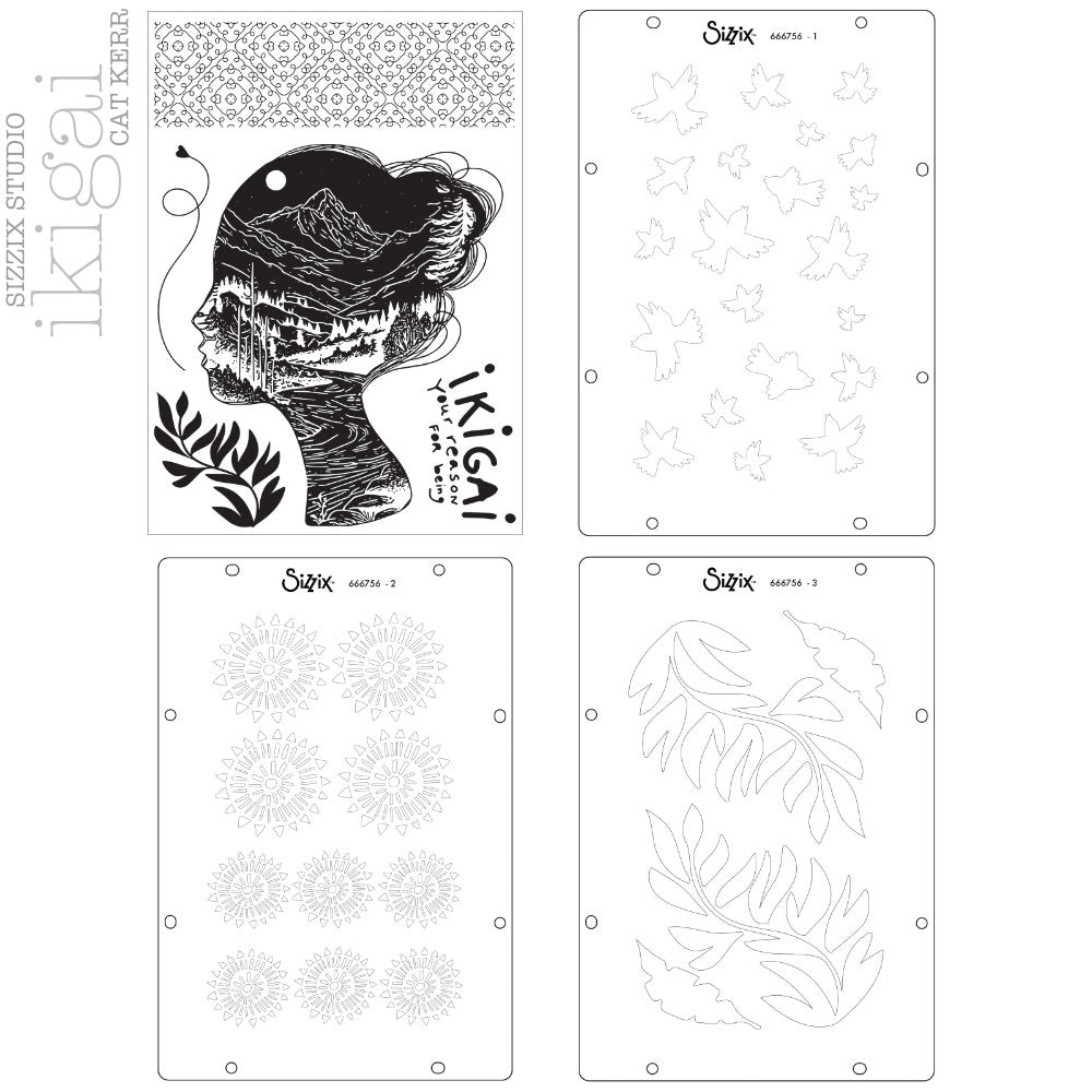 Ikigai - Stencils and Stamps ... Sizzix Studio Mixed Media Kit ... by Cat Kerr and Sizzix. Layering art stencils and clear acrylic stamps to use for mixed media, papercrafts, art journaling, visual arts of all kinds. Beautiful mountain and river scene within a face, flying flocks of birds, mandala patterns, leaves and more. Image of all the designs.