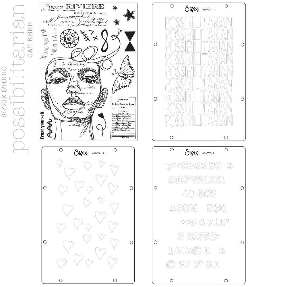 Possibilitarian - Stencils and Stamps ... Sizzix Studio Mixed Media Kit ... by Cat Kerr and Sizzix. Layering art stencils and clear acrylic stamps to use for mixed media, papercrafts, art journaling, visual arts of all kinds. Designs include an illustrated collaged face, the word possibilitarian, hearts and text, a butterfly and much more. Image is an overview of designs and patterns.