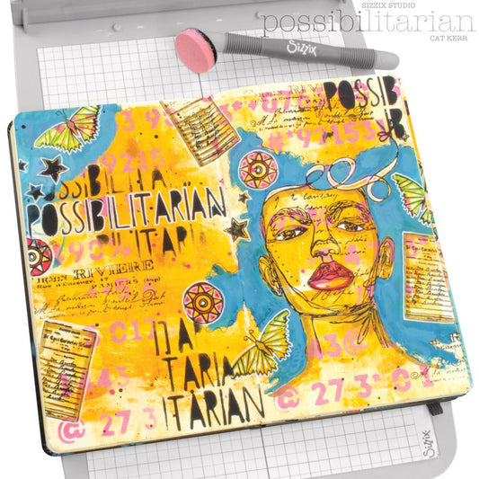 Possibilitarian - Stencils and Stamps ... Sizzix Studio Mixed Media Kit ... by Cat Kerr and Sizzix. Layering art stencils and clear acrylic stamps to use for mixed media, papercrafts, art journaling, visual arts of all kinds. Designs include an illustrated collaged face, the word possibilitarian, hearts and text, a butterfly and much more. Photo of an example by Cat Kerr.