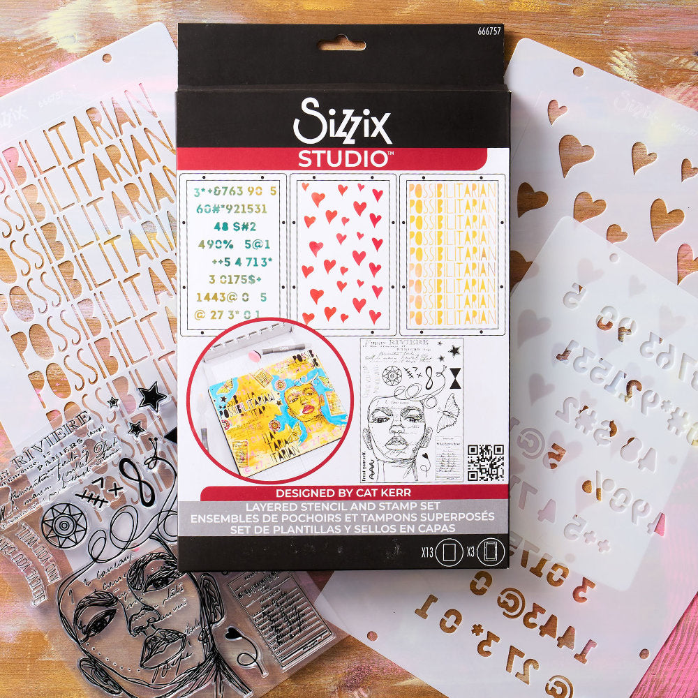 Possibilitarian - Stencils and Stamps ... Sizzix Studio Mixed Media Kit ... by Cat Kerr and Sizzix. Layering art stencils and clear acrylic stamps to use for mixed media, papercrafts, art journaling, visual arts of all kinds. Designs include an illustrated collaged face, the word possibilitarian, hearts and text, a butterfly and much more. Photo of the packaging.