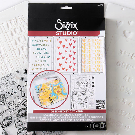 Possibilitarian - Stencils and Stamps ... Sizzix Studio Mixed Media Kit ... by Cat Kerr and Sizzix. Layering art stencils and clear acrylic stamps to use for mixed media, papercrafts, art journaling, visual arts of all kinds. Designs include an illustrated collaged face, the word possibilitarian, hearts and text, a butterfly and much more. Photo of the packaging.