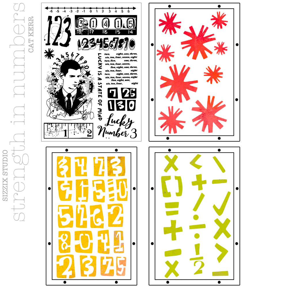 Strength in Numbers - Stencils and Stamps ... Sizzix Studio Mixed Media Kit ... by Cat Kerr and Sizzix. Layering art stencils and clear acrylic stamps to use for mixed media, papercrafts, art journaling, visual arts of all kinds. The set includes 11 (eleven) stamp designs and 3 (three) stencil sheets with coordinating patterns. This set comprises of numerical patterns and quotes relating to maths, numbers and digits, with a portrait of a man surrounded by starry grungy effects. Overview of the designs.