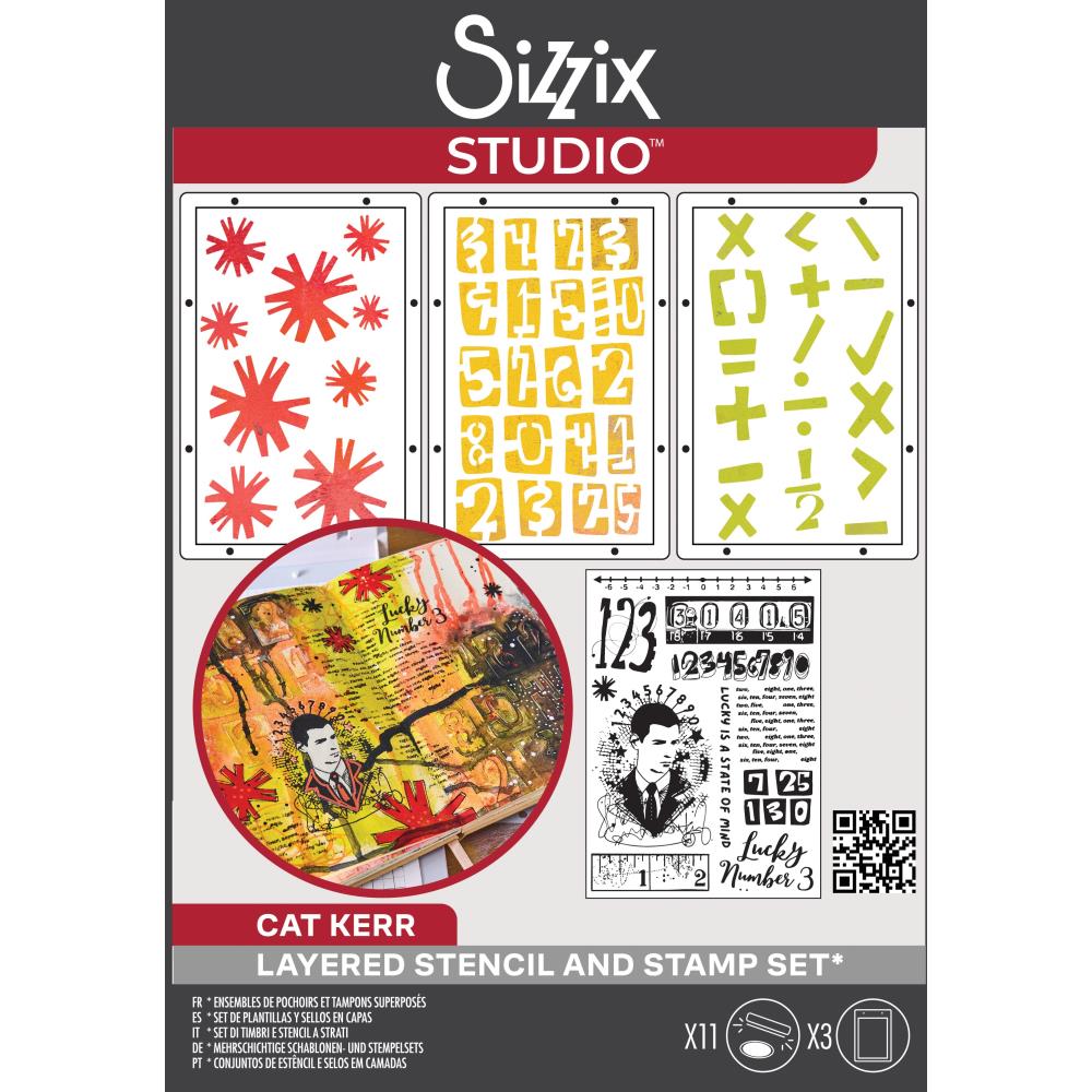 Strength in Numbers - Stencils and Stamps ... Sizzix Studio Mixed Media Kit ... by Cat Kerr and Sizzix. Layering art stencils and clear acrylic stamps to use for mixed media, papercrafts, art journaling, visual arts of all kinds. The set includes 11 (eleven) stamp designs and 3 (three) stencil sheets with coordinating patterns. This set comprises of numerical patterns and quotes relating to maths, numbers and digits, with a portrait of a man surrounded by starry grungy effects.