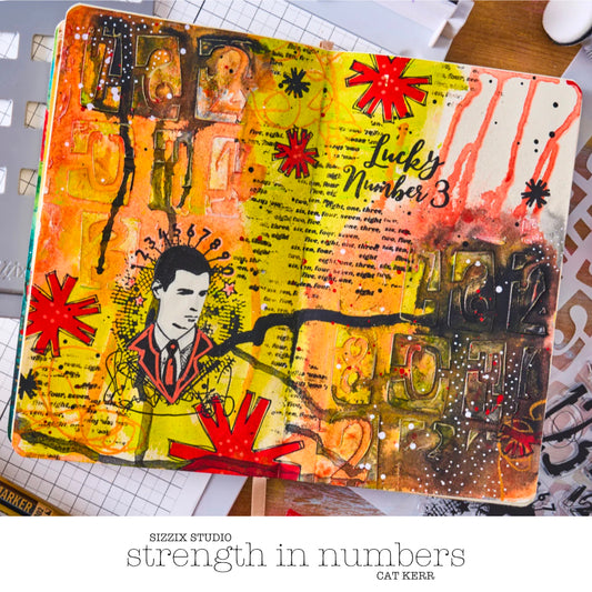 Strength in Numbers - Stencils and Stamps ... Sizzix Studio Mixed Media Kit ... by Cat Kerr and Sizzix. Layering art stencils and clear acrylic stamps to use for mixed media, papercrafts, art journaling, visual arts of all kinds. The set includes 11 (eleven) stamp designs and 3 (three) stencil sheets with coordinating patterns. This set comprises of numerical patterns and quotes relating to maths, numbers and digits, with a portrait of a man surrounded by starry grungy effects. Photo of an example by Cat.