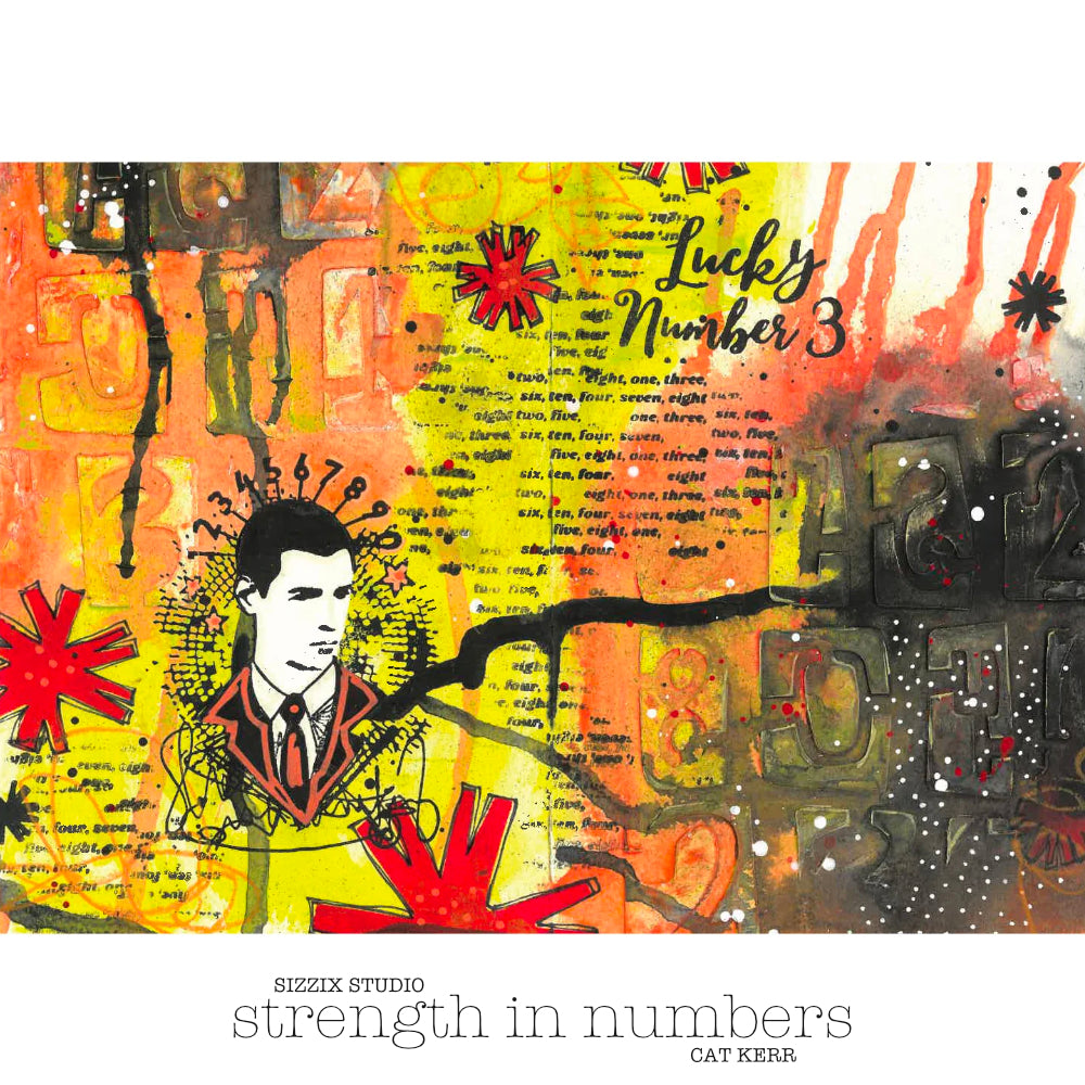 Strength in Numbers - Stencils and Stamps ... Sizzix Studio Mixed Media Kit ... by Cat Kerr and Sizzix. Layering art stencils and clear acrylic stamps to use for mixed media, papercrafts, art journaling, visual arts of all kinds. The set includes 11 (eleven) stamp designs and 3 (three) stencil sheets with coordinating patterns. This set comprises of numerical patterns and quotes relating to maths, numbers and digits, with a portrait of a man surrounded by starry grungy effects. Photo of an example by Cat.