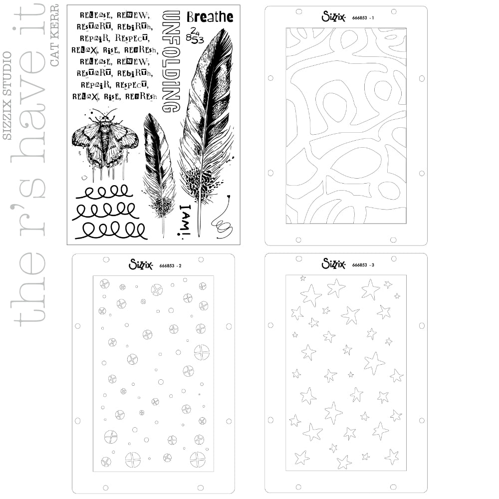 The R's Have It - Stencils and Stamps ... Sizzix Studio Mixed Media Kit ... by Cat Kerr and Sizzix. Layering art stencils and clear acrylic stamps to use for mixed media, papercrafts, art journaling, visual arts of all kinds. The set includes 10 (ten) stamp designs of feathers, moths and mindful text and 3 (three) stencil sheets with coordinating patterns of stars, crossed spots and thick doodled swirly lines. Overview of the designs.
