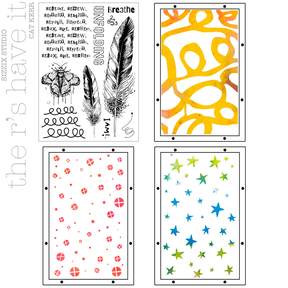 The R's Have It - Stencils and Stamps ... Sizzix Studio Mixed Media Kit ... by Cat Kerr and Sizzix. Layering art stencils and clear acrylic stamps to use for mixed media, papercrafts, art journaling, visual arts of all kinds. The set includes 10 (ten) stamp designs of feathers, moths and mindful text and 3 (three) stencil sheets with coordinating patterns of stars, crossed spots and thick doodled swirly lines. Overview of the designs.
