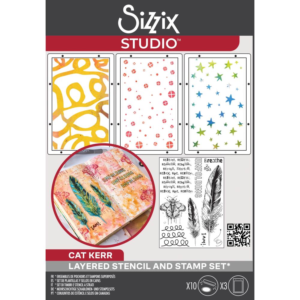 The R's Have It - Stencils and Stamps ... Sizzix Studio Mixed Media Kit ... by Cat Kerr and Sizzix. Layering art stencils and clear acrylic stamps to use for mixed media, papercrafts, art journaling, visual arts of all kinds. The set includes 10 (ten) stamp designs of feathers, moths and mindful text and 3 (three) stencil sheets with coordinating patterns of stars, crossed spots and thick doodled swirly lines.