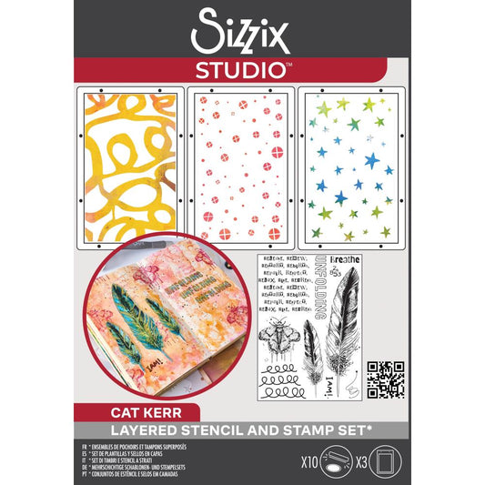 The R's Have It - Stencils and Stamps ... Sizzix Studio Mixed Media Kit ... by Cat Kerr and Sizzix. Layering art stencils and clear acrylic stamps to use for mixed media, papercrafts, art journaling, visual arts of all kinds. The set includes 10 (ten) stamp designs of feathers, moths and mindful text and 3 (three) stencil sheets with coordinating patterns of stars, crossed spots and thick doodled swirly lines.