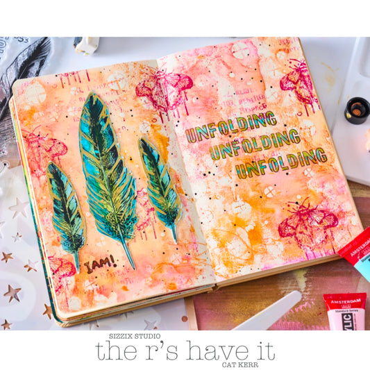 The R's Have It - Stencils and Stamps ... Sizzix Studio Mixed Media Kit ... by Cat Kerr and Sizzix. Layering art stencils and clear acrylic stamps to use for mixed media, papercrafts, art journaling, visual arts of all kinds. The set includes 10 (ten) stamp designs of feathers, moths and mindful text and 3 (three) stencil sheets with coordinating patterns of stars, crossed spots and thick doodled swirly lines. Photo of an example by Cat Kerr.