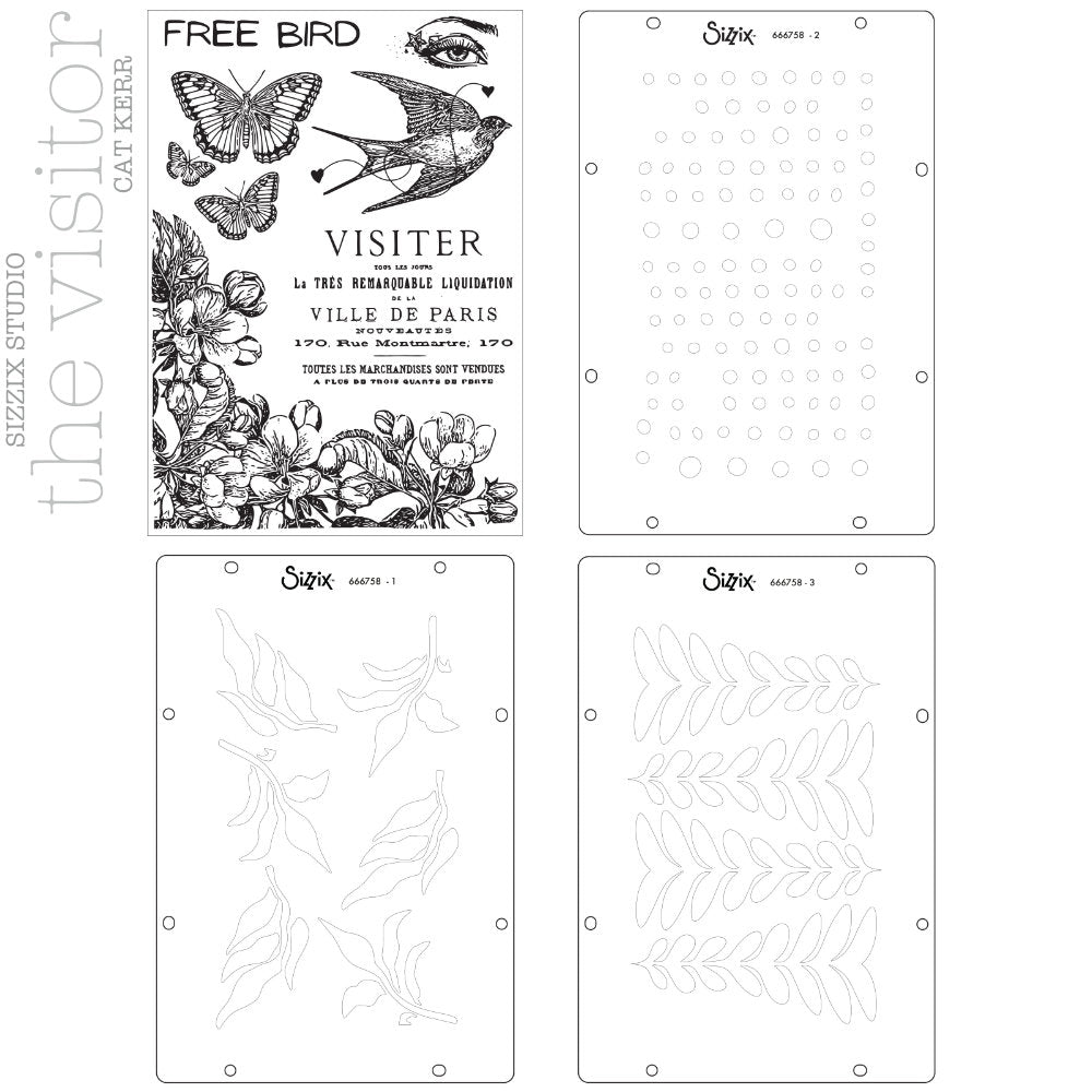 The Visitor - Stencils and Stamps ... Sizzix Studio Mixed Media Kit ... by Cat Kerr and Sizzix. Layering art stencils and clear acrylic stamps to use for mixed media, paper crafts, art journaling, visual arts of all kinds. Designs feature a flying bird (swallow), an eye, text, butterflies, flowers and leafy patterns. Image of the designs.