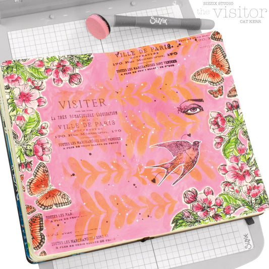 The Visitor - Stencils and Stamps ... Sizzix Studio Mixed Media Kit ... by Cat Kerr and Sizzix. Layering art stencils and clear acrylic stamps to use for mixed media, paper crafts, art journaling, visual arts of all kinds. Designs feature a flying bird (swallow), an eye, text, butterflies, flowers and leafy patterns. Photo of an example by Cat Kerr.
