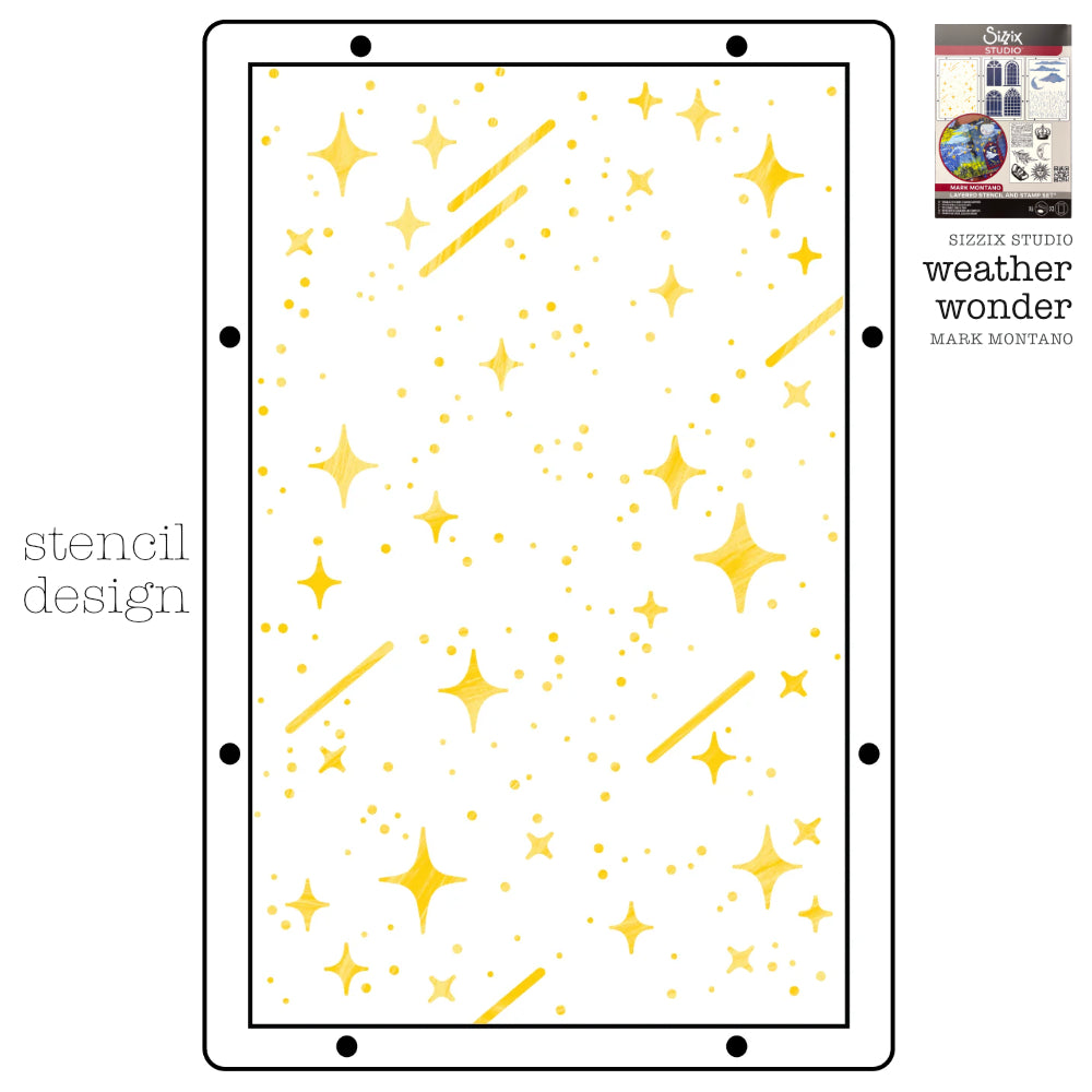 Weather Wonder - Sizzix Studio Mixed Media Stamps and Stencils Kit ... by Mark Montano and Sizzix (no. 666956). Layering art stencils and clear acrylic stamps to use for mixed media, papercrafts, art journaling, visual arts of all kinds. Pack has 6 (six) stamp designs and 3 (three) stencils, 6 3/4" x 10" in size. Image showing one of the three stencil designs.