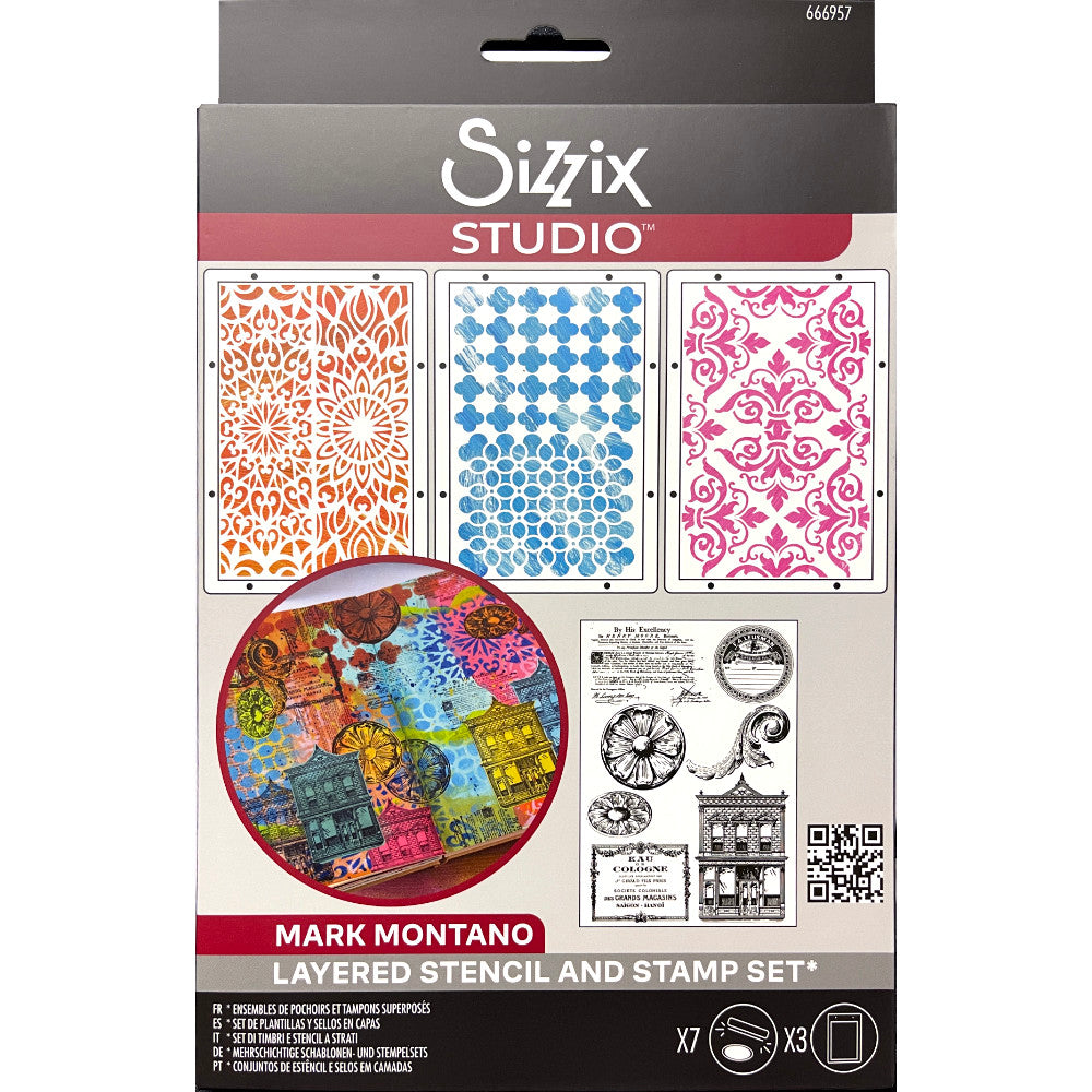 Build It - Stencils and Stamps ... Sizzix Studio Mixed Media Kit ... by Mark Montano and Sizzix. Layering art stencils and clear acrylic stamps to use for mixed media, papercrafts, art journaling, visual arts of all kinds. Pack has 7 (seven) stamp designs and 3 (three) stencils, 6 3/4" x 10" in size.
The stamp designs in this set include a Royal notice, vintage round label, floral round and oval plaster cast, simple scroll, eau de cologne advert, double storey brick building with shopfront.