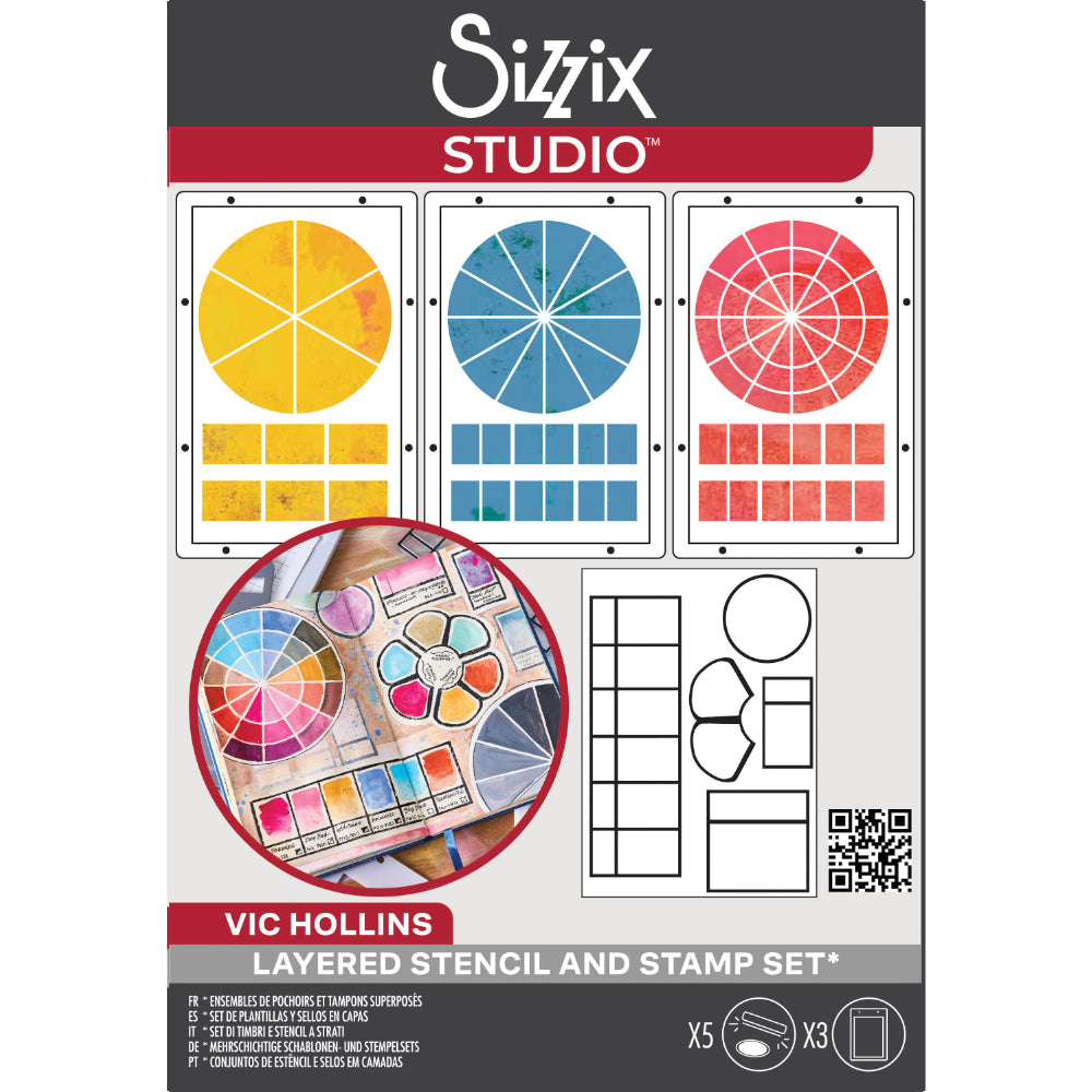 Artist Tools - Stencils and Stamps ... Sizzix Studio Mixed Media Kit ... by Vic Hollins and Sizzix. Layering art stencils and clear acrylic stamps to use for mixed media, papercrafts, art journaling, visual arts of all kinds. The set includes 5 (five) stamp designs and 3 (three) stencil sheets with coordinating patterns. 'Artist Tools' includes versatile basic shapes often seen as paint palettes and colour charts. Use them for featured artwork, backgrounds, making charts, making a page about art.