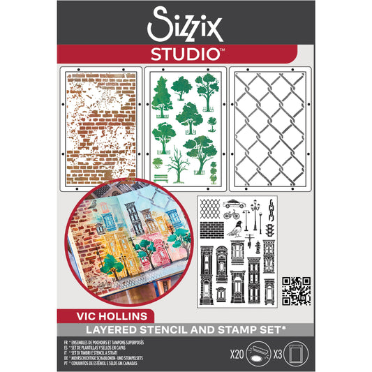 City Life - Stencils and Stamps ... Sizzix Studio Mixed Media Kit ... by Vic Hollins.  Build houses with old fashioned windows and doorways, add bricks and fencing, grow a tree or two and let a pigeon (dove) perch on top, watching over it all. Do whatever you wish with this wonderful set. Stencils include rustic bricks, various trees (with shrubs, topiaries, bench), and wire fencing.