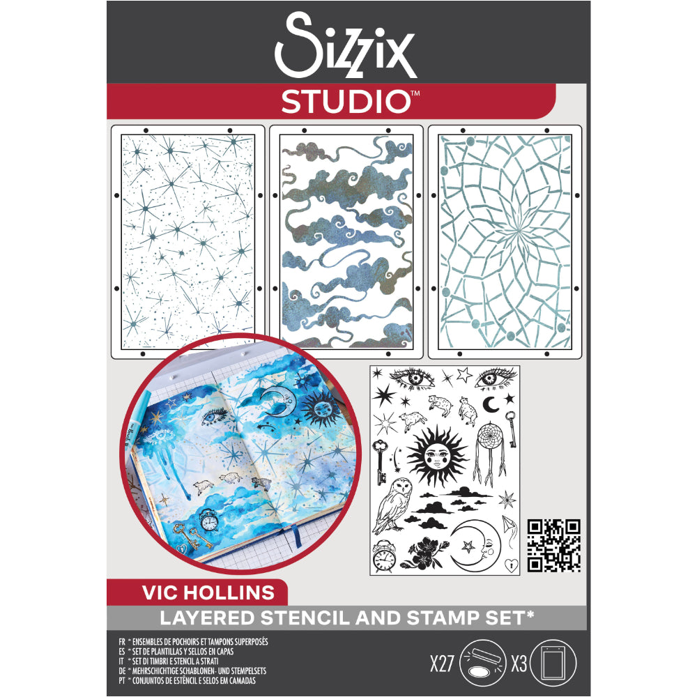 Dreamscape - Stencils and Stamps ... Sizzix Studio Mixed Media Kit ... by Vic Hollins and Sizzix. Layering art stencils and clear acrylic stamps to use for mixed media, papercrafts, art journaling, visual arts of all kinds. The set includes 27 (twenty seven) stamp designs and 3 (three) stencil sheets with coordinating patterns. Gorgeous whimsical clouds, sparkly stars, an owl, sheep and much more!