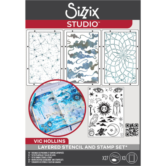 Dreamscape - Stencils and Stamps ... Sizzix Studio Mixed Media Kit ... by Vic Hollins and Sizzix. Layering art stencils and clear acrylic stamps to use for mixed media, papercrafts, art journaling, visual arts of all kinds. The set includes 27 (twenty seven) stamp designs and 3 (three) stencil sheets with coordinating patterns. Gorgeous whimsical clouds, sparkly stars, an owl, sheep and much more!
