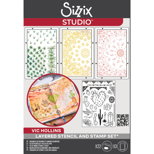 Western - Stencils and Stamps ... Sizzix Studio Mixed Media Kit ... by Vic Hollins and Sizzix. Layering art stencils and clear acrylic stamps to use for mixed media, papercrafts, art journaling, visual arts of all kinds. The set includes 22 (twenty two) stamp designs and 3 (three) stencil sheets with coordinating patterns. Cactus hearts, hummingbird, cowboy boot, flowers, wire and lace.