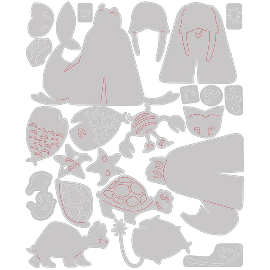 Templates for Under the Sea (set 2) ... Colorize Thinlits - Die Cutting Templates by Tim Holtz and Sizzix (no. 665378). Walrus, turtoise, fishing angler fish with his little light, serene starfish and dancing walking crab. A wonderful set of seaside friends to create art with. Make a seaside scene on beach with a walrus, discussing the options of oysters for tea or go for a slow and steady walk, stick starfish to tanks, cut out a heap of crabs to dance either around a ship. Have fun.