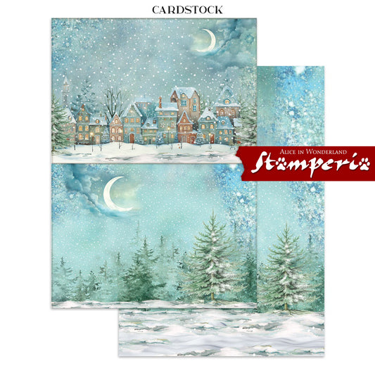 Art Journaling Pack - Alice in Christmas Wonderland ... by Stamperia. Collection of backgrounds, stickers and cut outs for papercrafts, mixed media, junk journaling, cardmaking, scrapbooking and crafty days. 8 (eight) sheets of cardstock, 4 (four) sheets of stickers, 4 (four) sheets of die cuts, 16 (sixteen) pages in total. Cosy designs, beautiful scenes, the Cheshire Cat and much more are to be enjoyed using this beautiful collection, inspired by Lewis Carroll's books. Image of a snowy scene on cardstock.