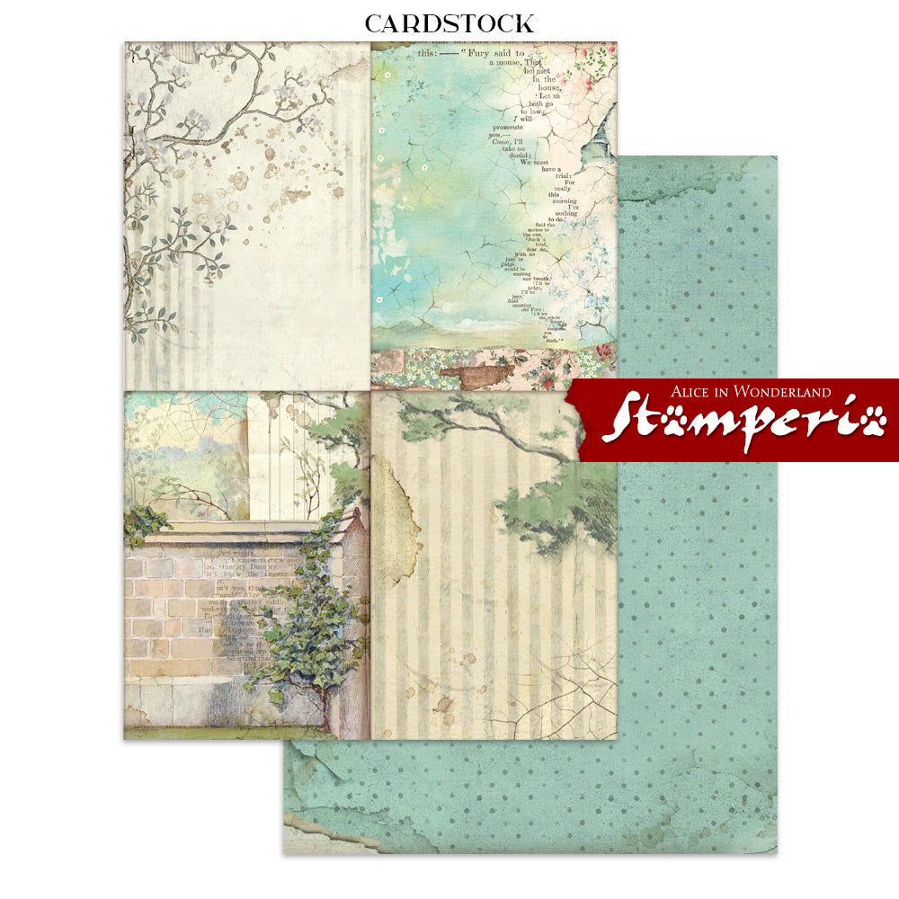 Art Journaling Pack - Alice in Christmas Wonderland ... by Stamperia. Collection of backgrounds, stickers and cut outs for papercrafts, mixed media, junk journaling, cardmaking, scrapbooking and crafty days. 8 (eight) sheets of cardstock, 4 (four) sheets of stickers, 4 (four) sheets of die cuts, 16 (sixteen) pages in total. Cosy designs, beautiful scenes, the Cheshire Cat and much more are to be enjoyed using this beautiful collection, inspired by Lewis Carroll's books. Image of outdoor garden scenes.