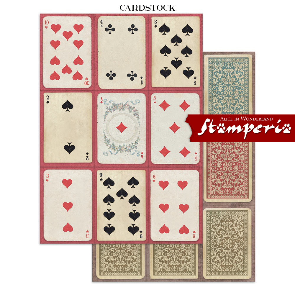 Art Journaling Pack - Alice in Christmas Wonderland ... by Stamperia. Collection of backgrounds, stickers and cut outs for papercrafts, mixed media, junk journaling, cardmaking, scrapbooking and crafty days. 8 (eight) sheets of cardstock, 4 (four) sheets of stickers, 4 (four) sheets of die cuts, 16 (sixteen) pages in total. Cosy designs, beautiful scenes, the Cheshire Cat and much more are to be enjoyed using this beautiful collection, inspired by Lewis Carroll's books. Image of vintage playing cards.