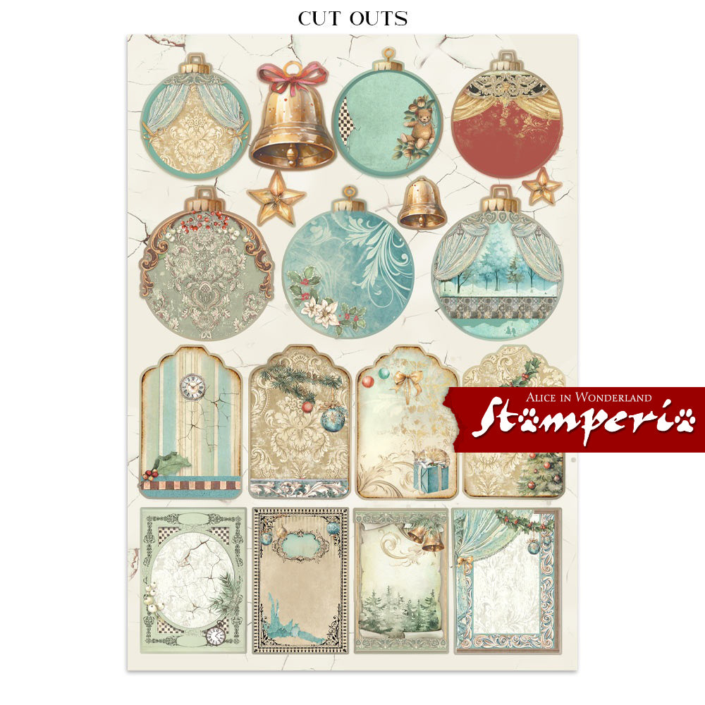Art Journaling Pack - Alice in Christmas Wonderland ... by Stamperia. Collection of backgrounds, stickers and cut outs for papercrafts, mixed media, junk journaling, cardmaking, scrapbooking and crafty days. 8 (eight) sheets of cardstock, 4 (four) sheets of stickers, 4 (four) sheets of die cuts, 16 (sixteen) pages in total. Cosy designs, beautiful scenes, the Cheshire Cat and much more are to be enjoyed using this beautiful collection, inspired by Lewis Carroll's books. Image of tags and bells, cutouts.