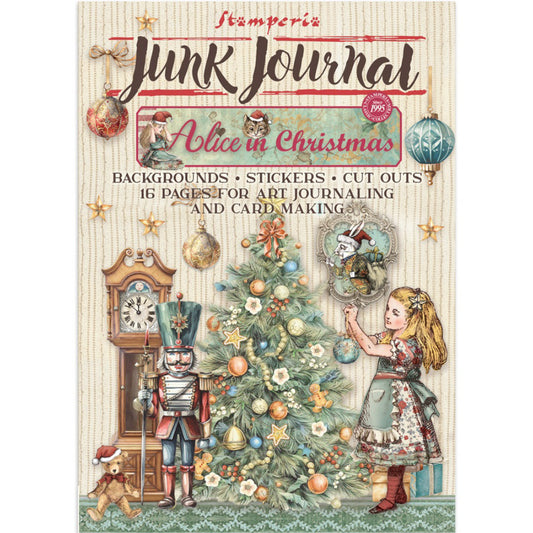 Art Journaling Pack - Alice in Christmas Wonderland ... by Stamperia. Collection of backgrounds, stickers and cut outs for papercrafts, mixed media, junk journaling, cardmaking, scrapbooking and crafty days. 8 (eight) sheets of cardstock, 4 (four) sheets of stickers, 4 (four) sheets of die cuts, 16 (sixteen) pages in total. Cosy designs, beautiful scenes, the Cheshire Cat and much more are to be enjoyed using this beautiful collection, inspired by Lewis Carroll's books. Image of the cover sheet.