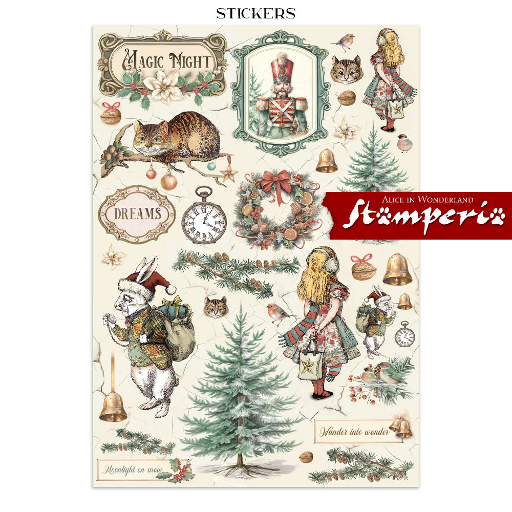 Art Journaling Pack - Alice in Christmas Wonderland ... by Stamperia. Collection of backgrounds, stickers and cut outs for papercrafts, mixed media, junk journaling, cardmaking, scrapbooking and crafty days. 8 (eight) sheets of cardstock, 4 (four) sheets of stickers, 4 (four) sheets of die cuts, 16 (sixteen) pages in total. Cosy designs, beautiful scenes, the Cheshire Cat and much more are to be enjoyed using this beautiful collection, inspired by Lewis Carroll's books. Image of wonderful stickers.