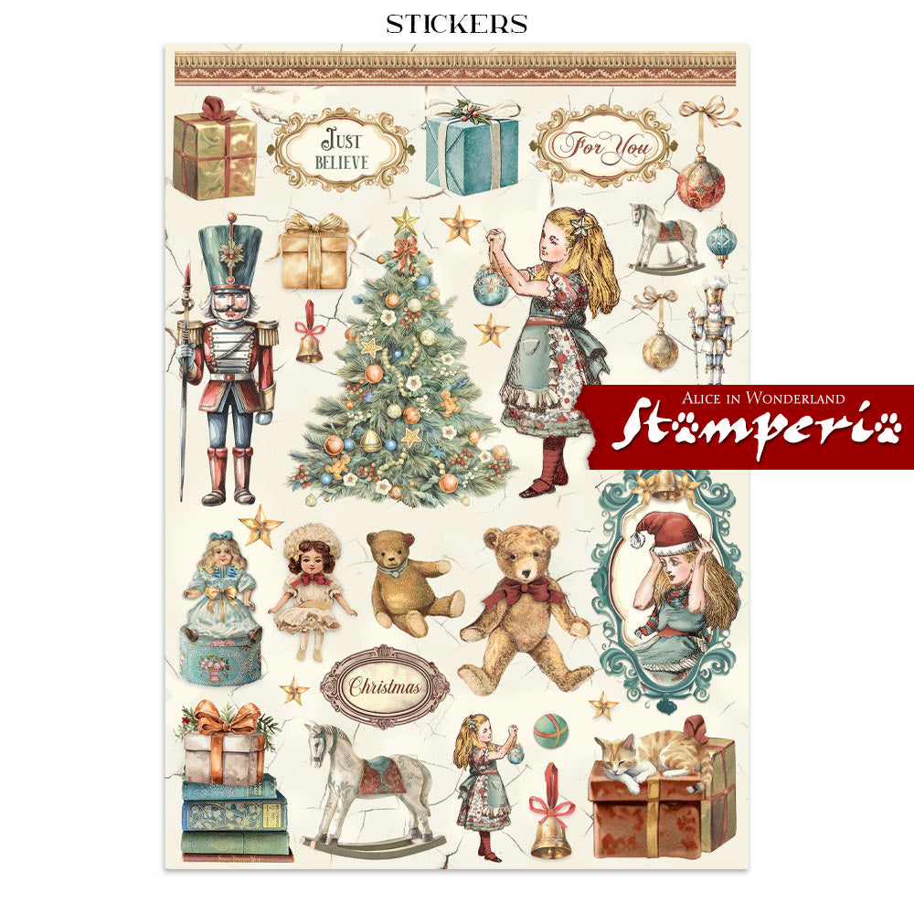 Art Journaling Pack - Alice in Christmas Wonderland ... by Stamperia. Collection of backgrounds, stickers and cut outs for papercrafts, mixed media, junk journaling, cardmaking, scrapbooking and crafty days. 8 (eight) sheets of cardstock, 4 (four) sheets of stickers, 4 (four) sheets of die cuts, 16 (sixteen) pages in total. Cosy designs, beautiful scenes, the Cheshire Cat and much more are to be enjoyed using this beautiful collection, inspired by Lewis Carroll's books. Image of wonderful stickers.
