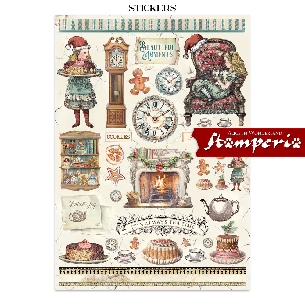 Art Journaling Pack - Alice in Christmas Wonderland ... by Stamperia. Collection of backgrounds, stickers and cut outs for papercrafts, mixed media, junk journaling, cardmaking, scrapbooking and crafty days. 8 (eight) sheets of cardstock, 4 (four) sheets of stickers, 4 (four) sheets of die cuts, 16 (sixteen) pages in total. Cosy designs, beautiful scenes, the Cheshire Cat and much more are to be enjoyed using this beautiful collection, inspired by Lewis Carroll's books. Image of wonderful stickers.