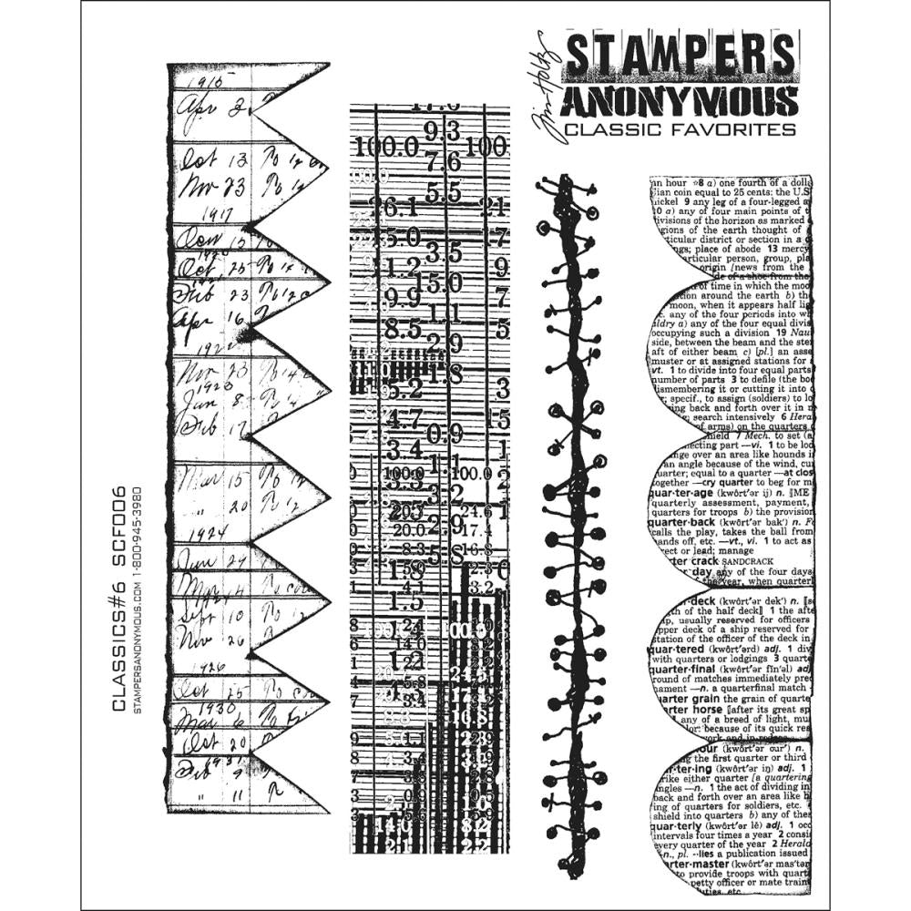 Classics no.6 ... rubber stamps by Tim Holtz and Stampers Anonymous (SCF006). 4 (four) border, edging or background designs to use in papercrafts, scrapbooking, visual arts.
This set features collaged designs of scallop edge, rectangle and zigzag edge with newsprint, ledger prints and bookkeeping prints, and a fabulous inky divider with lines and splotty dots.
Sizes (approx) : each stamp is 6 1/2" to 6 3/4" long.