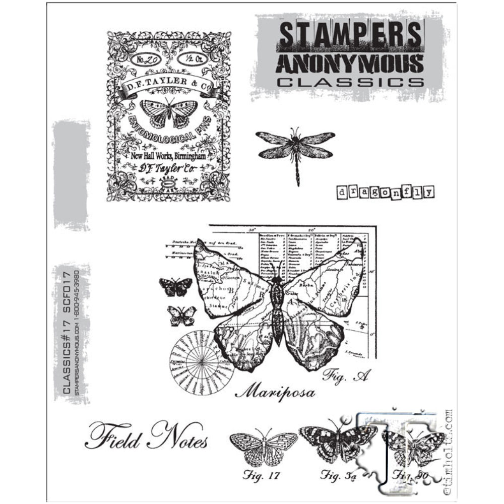 Classics no.17 ... rubber stamps by Tim Holtz and Stampers Anonymous (SCF017). 6 (six) stamps of butterflies, entomology notes, dragonflies and labels.
This set features gorgeous vintage designs of a intricatey decorated entomological pin tray lid, a tiny dragonfly, label of dragonfly in lowercase letters each in a block, a collage design of field notes elements with butterflies and map overlay, the label 'field notes' in script, a trio of butterflies with captions