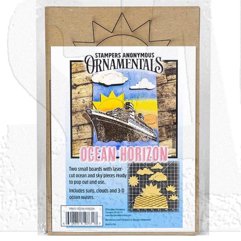 Stampers Anonymous 'Ocean Horizon' laser-cut cardboard ornament kit in its clear plastic packaging, featuring a brown laser cut sheet of shapes and label featuring a card and ocean liner.