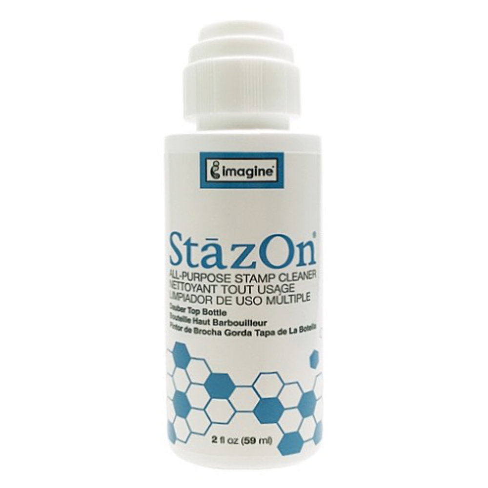 bottle of StazOn All Purpose Stamp Cleaner ... by Imagine Crafts, Tsukineko. Dauber top bottle that holds 2 fl oz (59ml). Easily clean permanent ink from your clear and rubber art stamps using this non toxic, low odour cleanser solution. Easy to use with a sponge dauber tip for use on dye, pigment, permanent, solvent and alcohol inks. Simply brush the tip over your stamp, wipe it off.