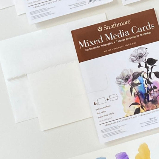 Mixed Media Cards ... by Strathmore - 6 blank cards of mixed media paper, 6 envelopes with deckled edged flap. Blank cards and envelopes made of warm natural white, classic Strathmore 400 Series heavyweight 184 lb (300gsm) mixed media paper, folded, ready to use.