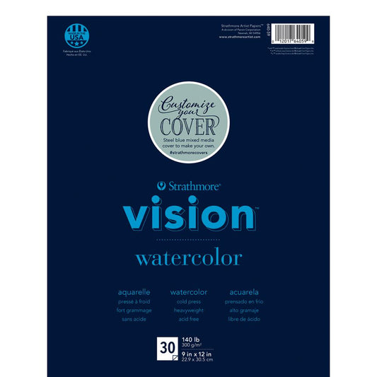 Watercolour Paper, White - by Strathmore ... White, smooth and lightly textured, medium weight, 100% cotton, cold pressed paper. Size is 9"x12" (22.9cm x 30.5cm), 140 lb (300 gsm), 30 sheets.   The Strathmore Vision series of Watercolour Paper is similar to series 3 (very good), and made of 100% cotton rag. It is an excellent quality, natural white, medium weight, durable versatile paper with a smooth surface that has a little texture and tooth.