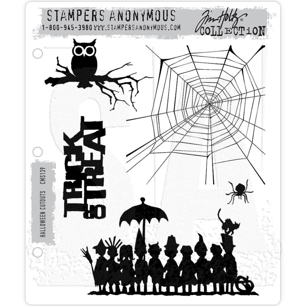 Halloween Cutouts ... red rubber stamp set by Tim Holtz and Stampers Anonymous (cms139). Owl on branch, web, spider, row of children in dress-ups. Designs for creating junk journals, accordion booklets, ATCs and cards, journal pages, scrapbooking, art, postcards, tags, mixed media and other crafty papercrafts. 5 (five) designs. A fun collection of Tim Holtz designs to use during Halloween and all through the year including a row of people with cat, umbrella, hats, brooms and a smiling pumpkin.
