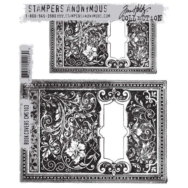 Book Covers ... by Tim Holtz and Stampers Anonymous (cms103). 2 (two) background sized beautiful rubber stamps for mixed media, journaling, visual arts and papercrafts. This pair of wonderful designs by Tim Holtz are of an antique style front cover of an old book featuring an area for the title or a label, detailed border around the rectangle shape and an overall inlay design of flourishes and foliage. Sizes (approx) : large book cover is 6 5/8" x 4 5/8" wide, smaller cover is 4 7/8" x 3 1/8" wide.