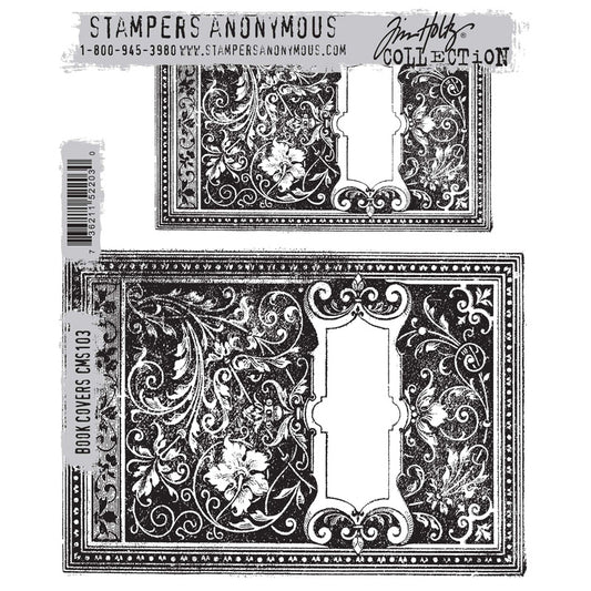 Book Covers ... by Tim Holtz and Stampers Anonymous (cms103). 2 (two) background sized beautiful rubber stamps for mixed media, journaling, visual arts and papercrafts.   This pair of wonderful designs by Tim Holtz are of an antique style front cover of an old book featuring an area for the title or a label, detailed border around the rectangle shape and an overall inlay design of flourishes and foliage.  Sizes (approx) : large book cover is 6 5/8" x 4 5/8" wide, smaller cover is 4 7/8" x 3 1/8" wide.