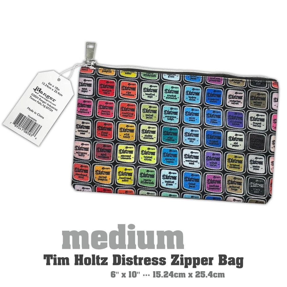 Zipper Bag - Medium ... by Tim Holtz and Ranger - Celebrating 20 Years of Distress with every colour of the Distress Rainbow. Printed canvas storage pouch lined in black water resistant fabric with a silver metal zipper and rectangle shaped pull-tag. Beautiful accessory pouch, Distress storage bag or pencil case. Photo is showing the back.