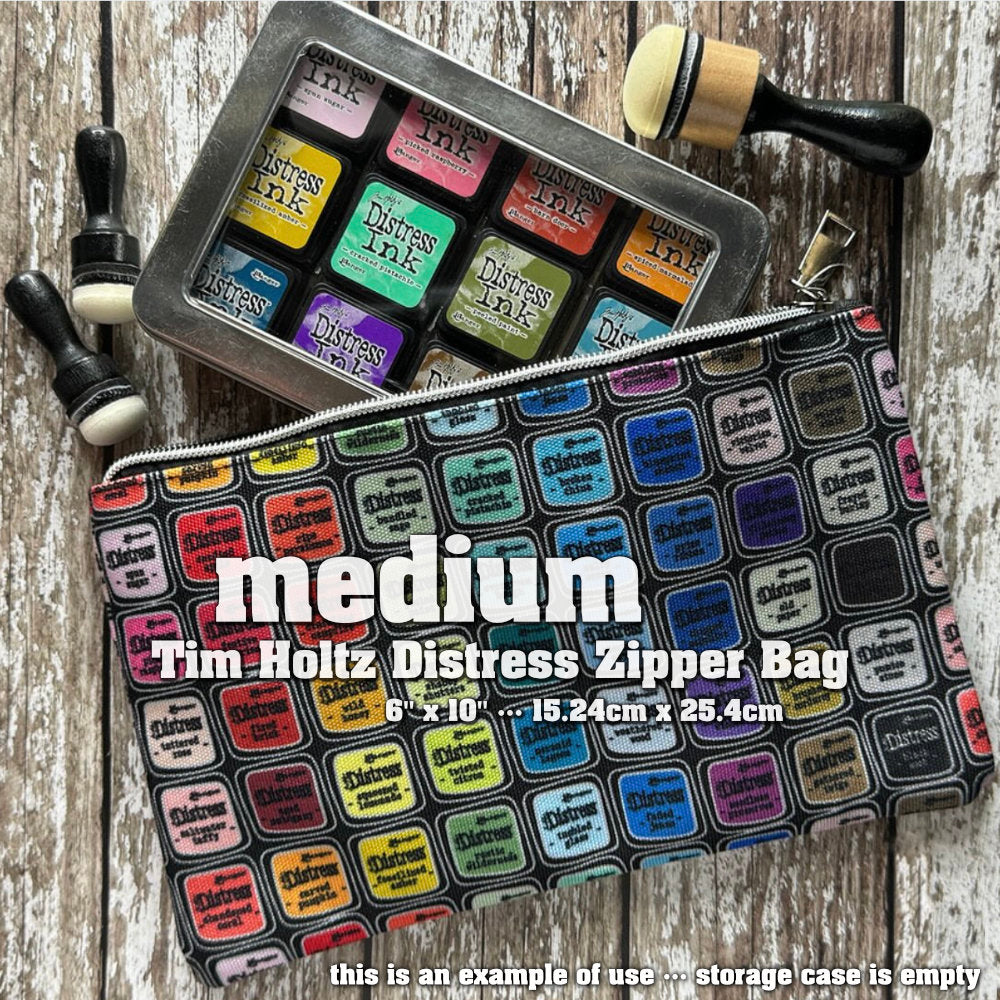 Zipper Bag - Medium ... by Tim Holtz and Ranger - Celebrating 20 Years of Distress with every colour of the Distress Rainbow. Printed canvas storage pouch lined in black water resistant fabric with a silver metal zipper and rectangle shaped pull-tag. Beautiful accessory pouch, Distress storage bag or pencil case. Photo is showing an example of use.