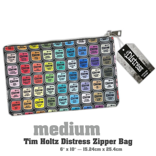 Zipper Bag - Medium ... by Tim Holtz and Ranger - Celebrating 20 Years of Distress with every colour of the Distress Rainbow. Printed canvas storage pouch lined in black water resistant fabric with a silver metal zipper and rectangle shaped pull-tag. Beautiful accessory pouch, Distress storage bag or pencil case. Size is 6" x 10" (15.24cm x 25.4cm).
