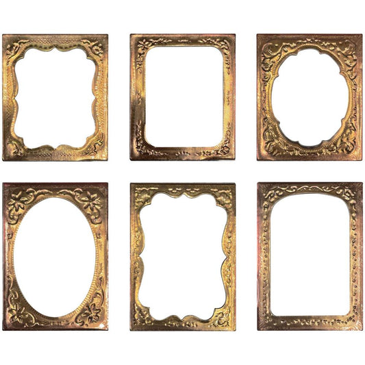 Curio Frames - by Tim Holtz Idea-Ology ... Rectangle 2mm thick frames made from bookboard (baseboard, coated compressed chipboard), in beautiful vintage embossed designs finished with metallic bronze colouring. Sizes are 2 1/2" x 3" and 2 1/2" x 3 1/2". 6 rectangle (six) frames with shaped inner area in 2 (two) sizes with 6 (six) designs (one of each style).