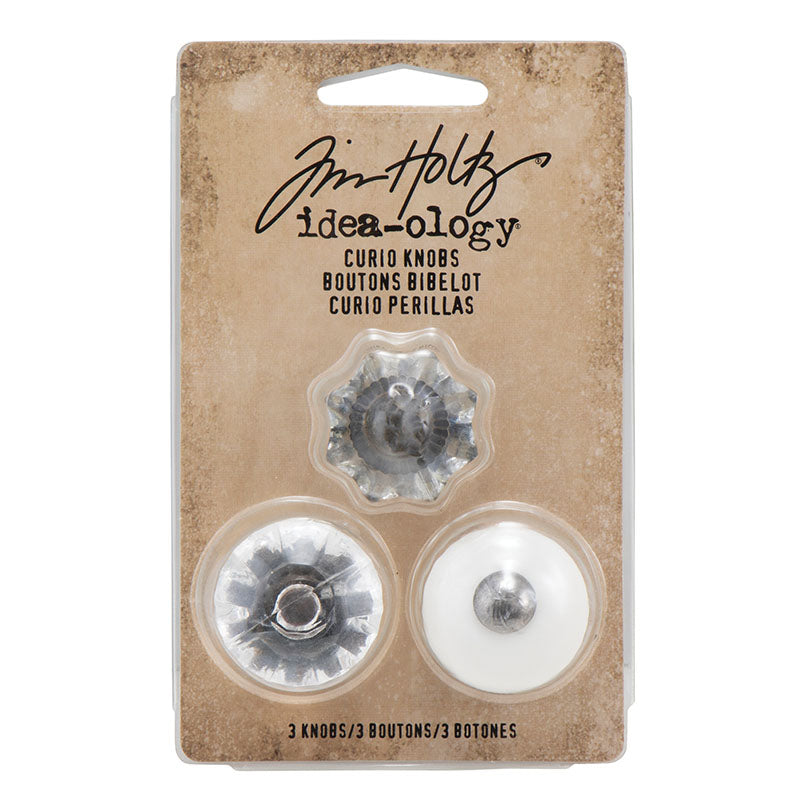 Curio Knobs ... Idea-Ology by Tim Holtz - vintage style drawer or door handles, to use as embellishments for home decor, display makes, visual arts and mixed media crafts (TH92840). 3 (three) knobs (3/4" x 1" wide) with fasteners, one of each design. Add these unique embellishments drawers, doors, Vignette boxes and trays, shelving, off the page display creations, home decor, sculptures, covers of books (journals, scrapbooks, memory albums), on a mixed media canvas, dioramas or any other visual arts.